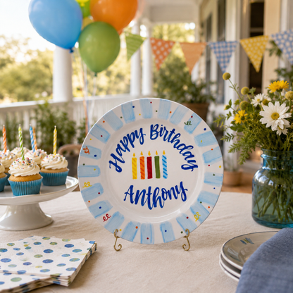 Custom Name Birthday Plate – Light Blue Stripe Rim with Birthday Candles | BGI004