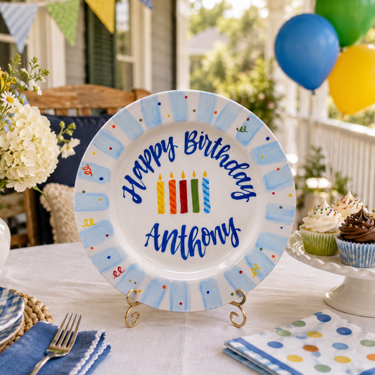 Custom Name Birthday Plate – Light Blue Stripe Rim with Birthday Candles | BGI004
