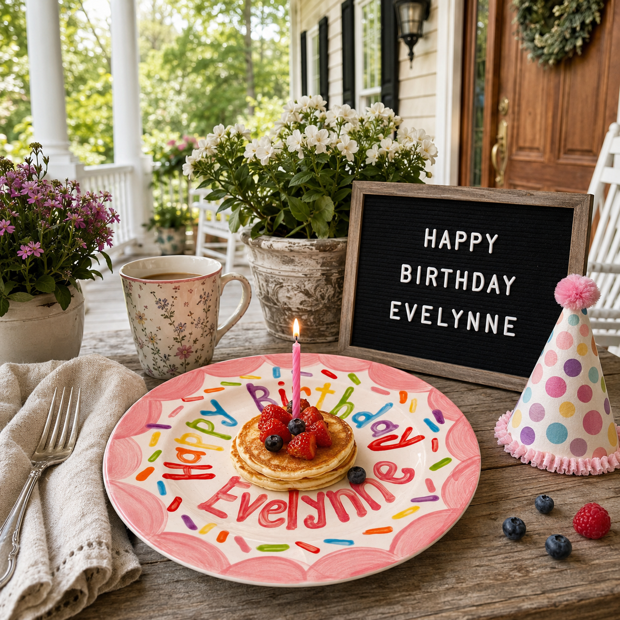 Personalized Birthday Plate – Pink Scalloped Border, Colorful Sprinkles & Polka Dot Cake Design | BHL019