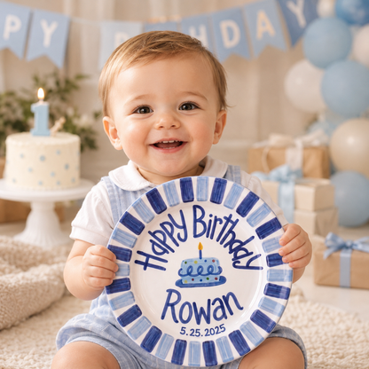 Personalized Birthday Plate – Blue Striped Border & Polka Dot Cake Design | B017