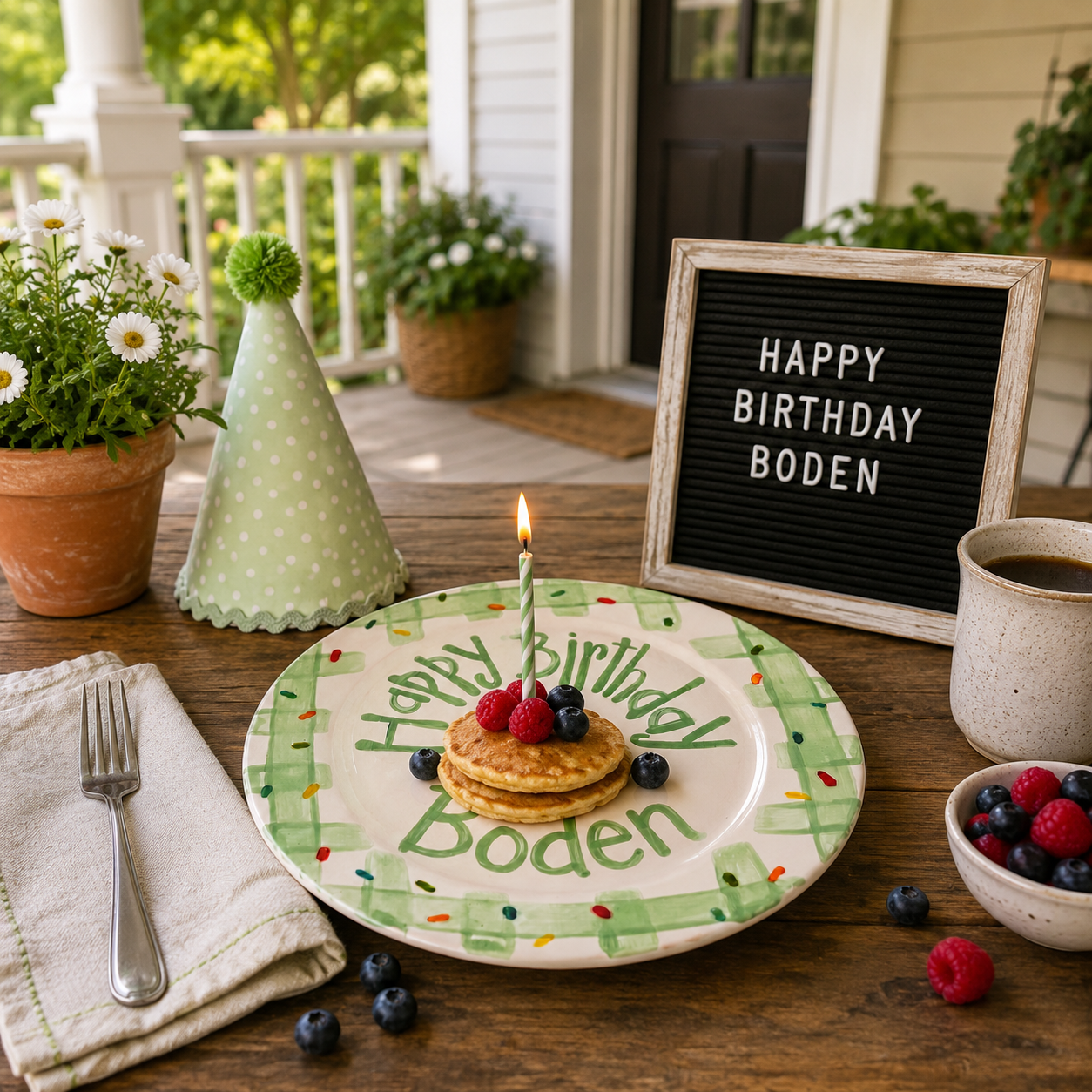 Personalized Birthday Plate – Green Gingham Border & Sprinkle Cake Design | B096