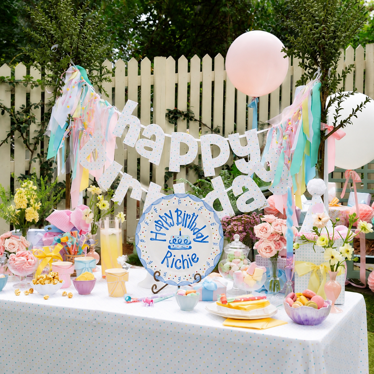 Blue Scalloped Edge Ceramic Plate, Hand-Painted Light Blue Scallops & Confetti, Custom Personalized Name Birthday Plate | B020