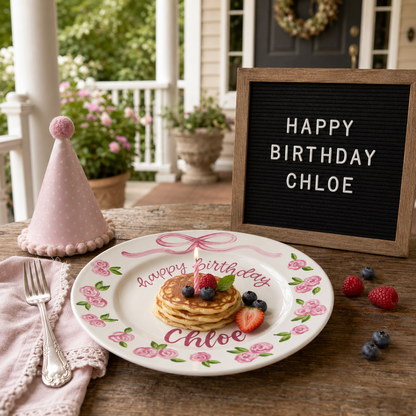 Personalized Birthday Plate – Custom Name with Floral Cake and Pink Rose Border – Birthday Celebration | BGI005