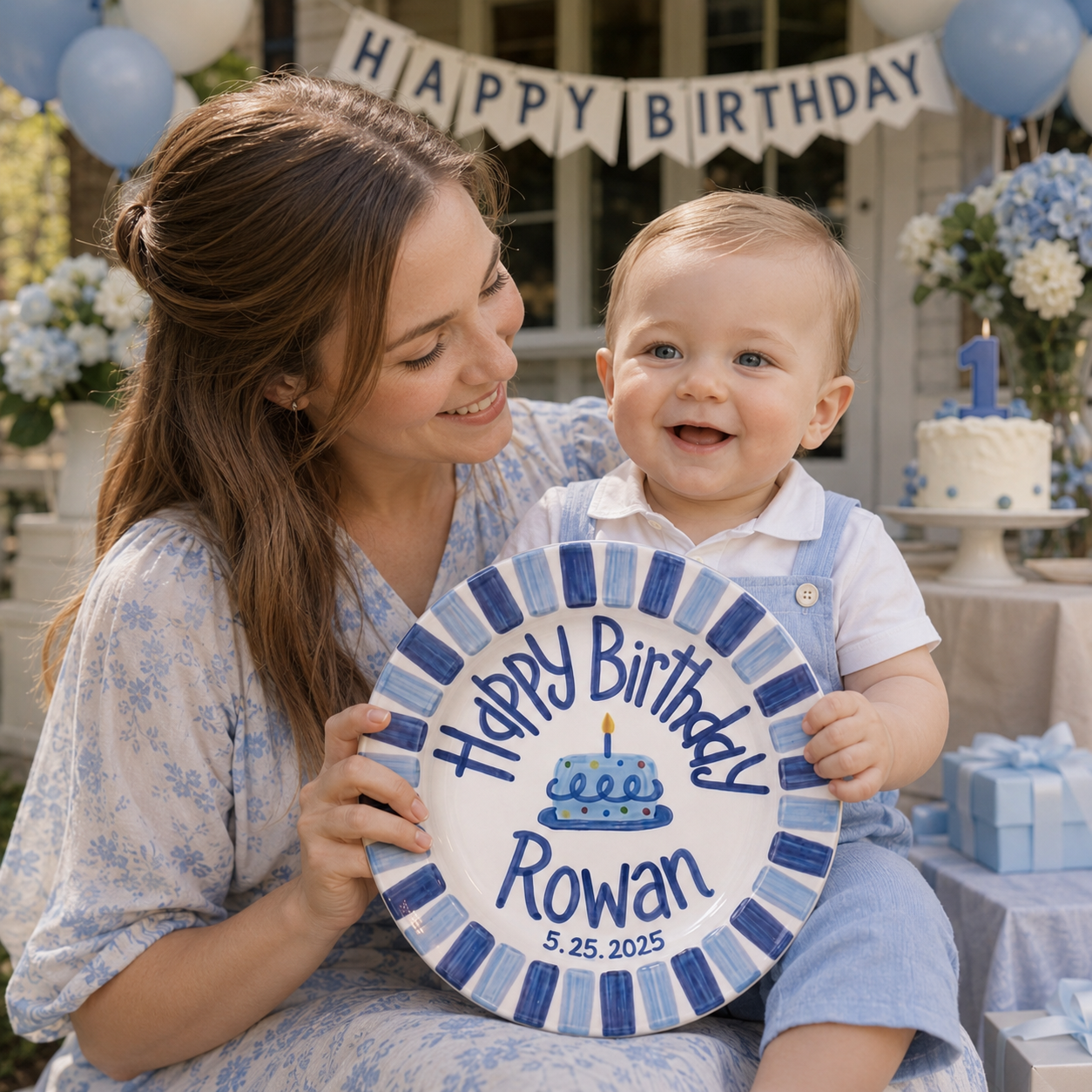 Personalized Birthday Plate – Blue Striped Border & Polka Dot Cake Design | B017