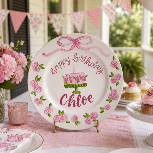 Personalized Birthday Plate – Custom Name with Floral Cake and Pink Rose Border – Birthday Celebration | BGI005