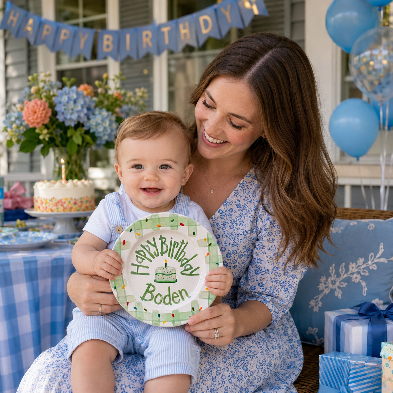 Personalized Birthday Plate – Green Gingham Border & Sprinkle Cake Design | B096