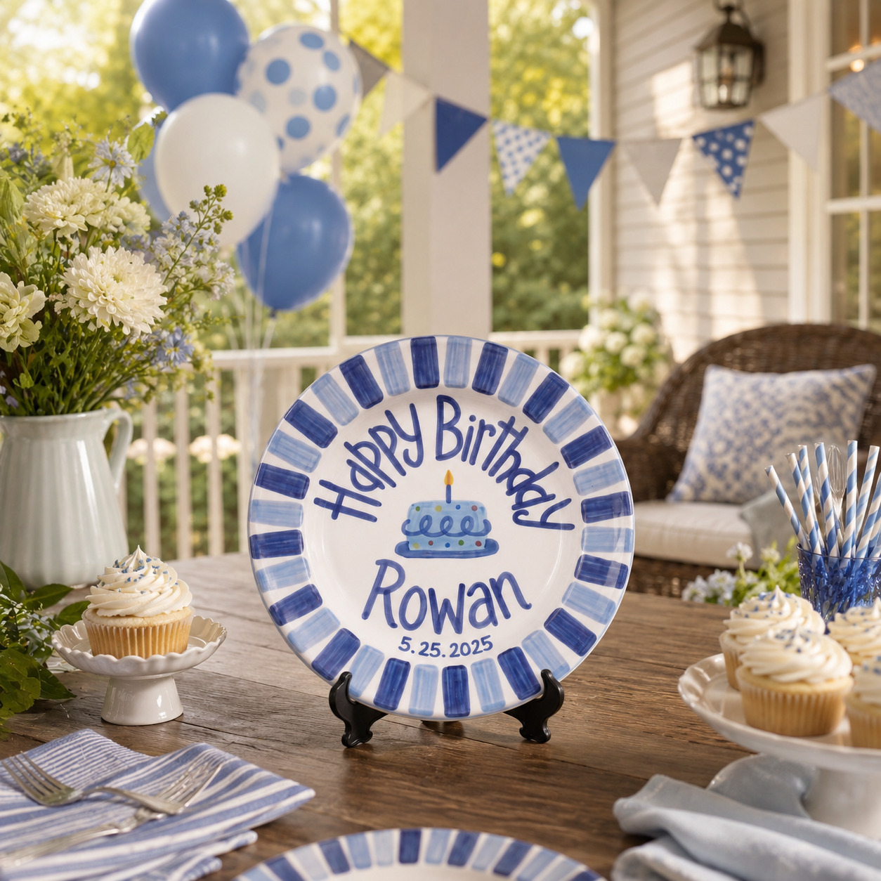 Personalized Birthday Plate – Blue Striped Border & Polka Dot Cake Design | B017