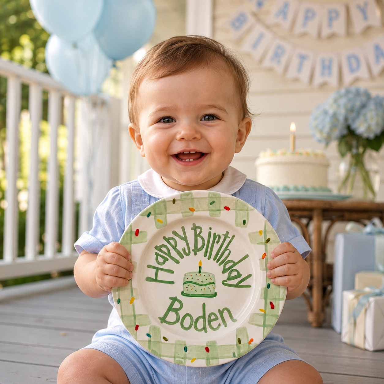 Personalized Birthday Plate – Green Gingham Border & Sprinkle Cake Design | B096