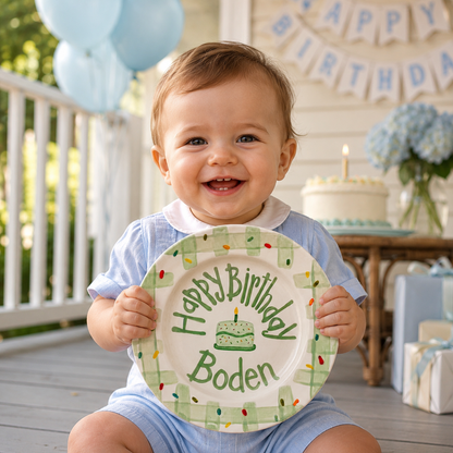 Personalized Birthday Plate – Green Gingham Border & Sprinkle Cake Design | B096