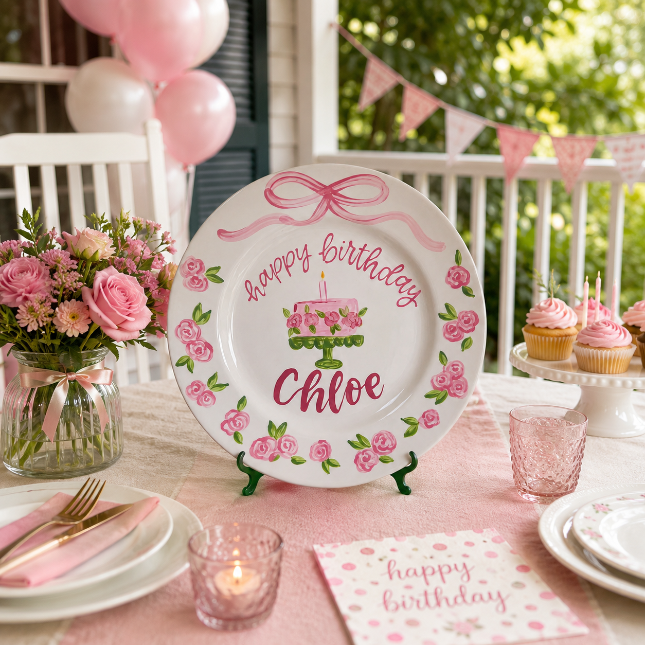 Personalized Birthday Plate – Custom Name with Floral Cake and Pink Rose Border – Birthday Celebration | BGI005