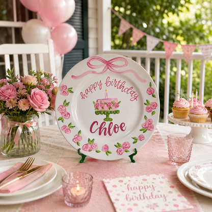 Personalized Birthday Plate – Custom Name with Floral Cake and Pink Rose Border – Birthday Celebration | BGI005