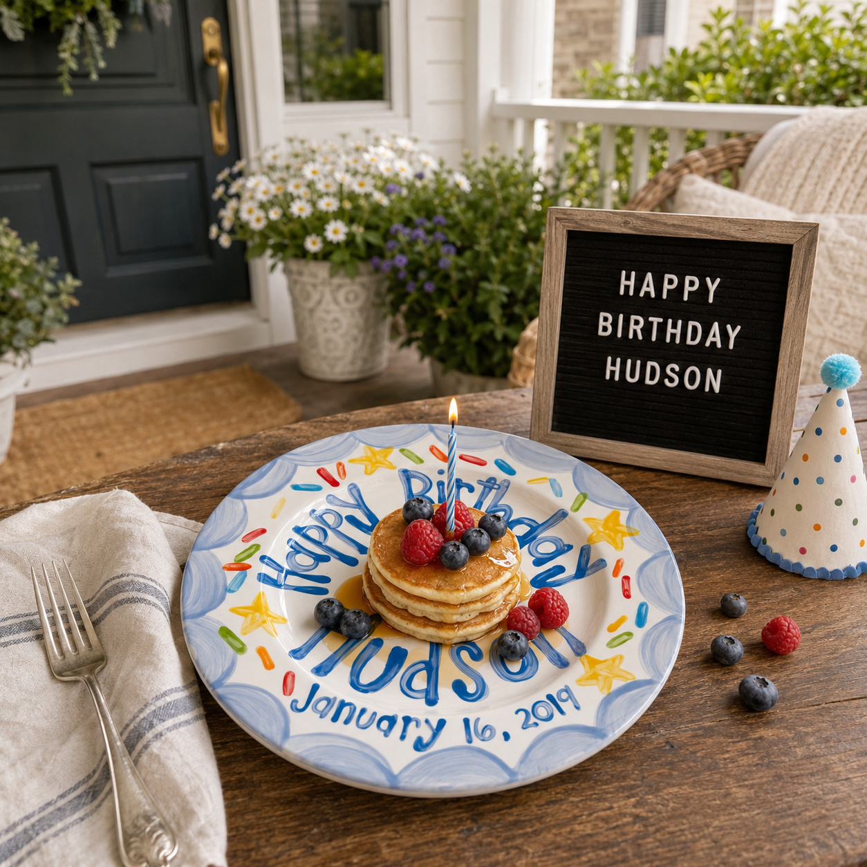 Personalized Birthday Plate – Blue Scalloped Border, Yellow Stars & Sprinkle Cake Design | BHL013