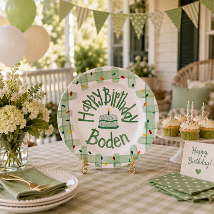 Personalized Birthday Plate – Green Gingham Border & Sprinkle Cake Design | B096