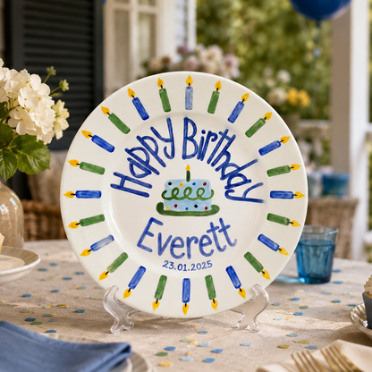 Blue and Green Candle Border Birthday Plate, Hand-Painted Cake Design, Custom Name Ceramic Keepsake, Toddler Gift | B016
