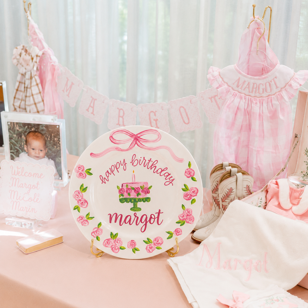 Personalized Birthday Plate – Custom Name with Floral Cake and Pink Rose Border – Birthday Celebration | BGI005