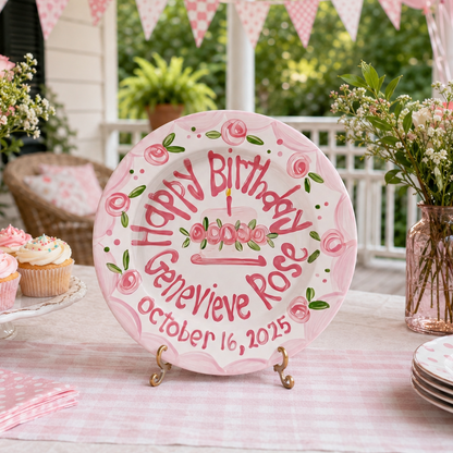 Custom Name Birthday Plate – Pink Floral Cake with Rose Border | BHL011