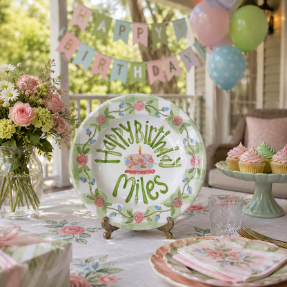 Hand-Painted Rose Garland Ceramic Birthday Plate, Sage Green Gingham Border, Personalized Name Keepsake, Party Decor | B035