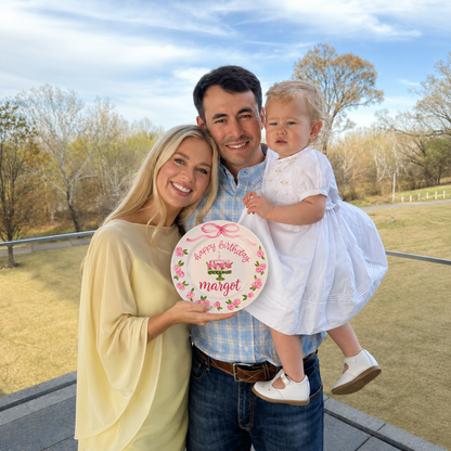 Personalized Birthday Plate – Custom Name with Floral Cake and Pink Rose Border – Birthday Celebration | BGI005