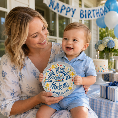 Personalized Birthday Plate – Blue Scalloped Border, Yellow Stars & Sprinkle Cake Design | BHL013