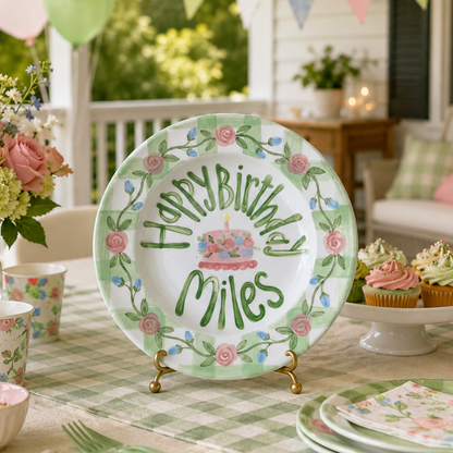 Hand-Painted Rose Garland Ceramic Birthday Plate, Sage Green Gingham Border, Personalized Name Keepsake, Party Decor | B035