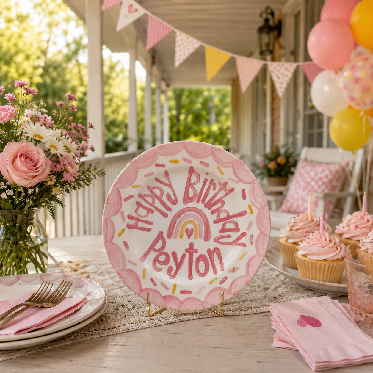 Personalized Birthday Plate – Pink Scalloped Border, Rainbow Heart & Sprinkles Design | BHL016