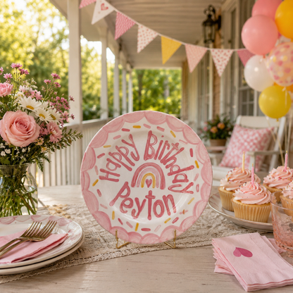 Personalized Birthday Plate – Pink Scalloped Border, Rainbow Heart & Sprinkles Design | BHL016