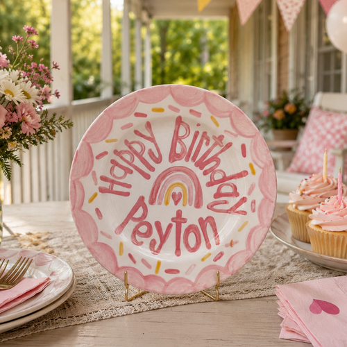 Custom Name Birthday Plate – Pink Scalloped Rainbow Design | BHL016