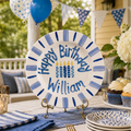 Custom Hand Painted Ceramic Birthday Plate, Blue Striped Candle Dish, Personalized Birthday Plate, First Birthday Gift Boy | B083