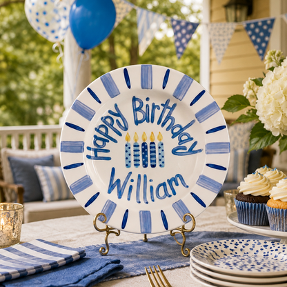 Custom Hand Painted Ceramic Birthday Plate, Blue Striped Candle Dish, Personalized Birthday Plate, First Birthday Gift Boy | B083