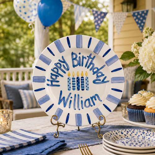 Custom Hand Painted Ceramic Birthday Plate, Blue Striped Candle Dish, Personalized Birthday Plate, First Birthday Gift Boy | B083