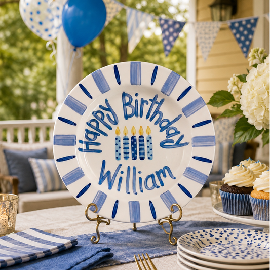 Custom Hand Painted Ceramic Birthday Plate, Blue Striped Candle Dish, Personalized Birthday Plate, First Birthday Gift Boy | B083