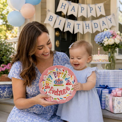 Personalized Birthday Plate – Pink Scalloped Border, Colorful Sprinkles & Polka Dot Cake Design | BHL019