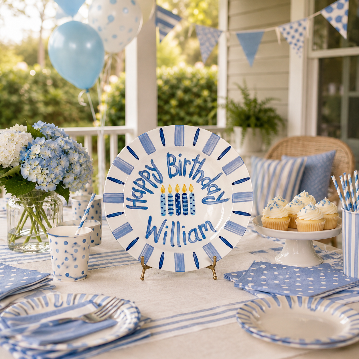 Custom Hand Painted Ceramic Birthday Plate, Blue Striped Candle Dish, Personalized Birthday Plate, First Birthday Gift Boy | B083