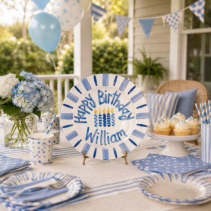 Custom Hand Painted Ceramic Birthday Plate, Blue Striped Candle Dish, Personalized Birthday Plate, First Birthday Gift Boy | B083