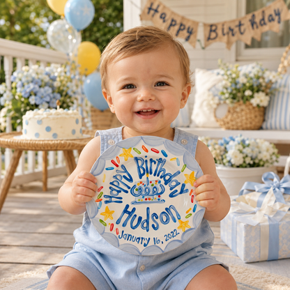 Personalized Birthday Plate – Blue Scalloped Border, Yellow Stars & Sprinkle Cake Design | BHL013