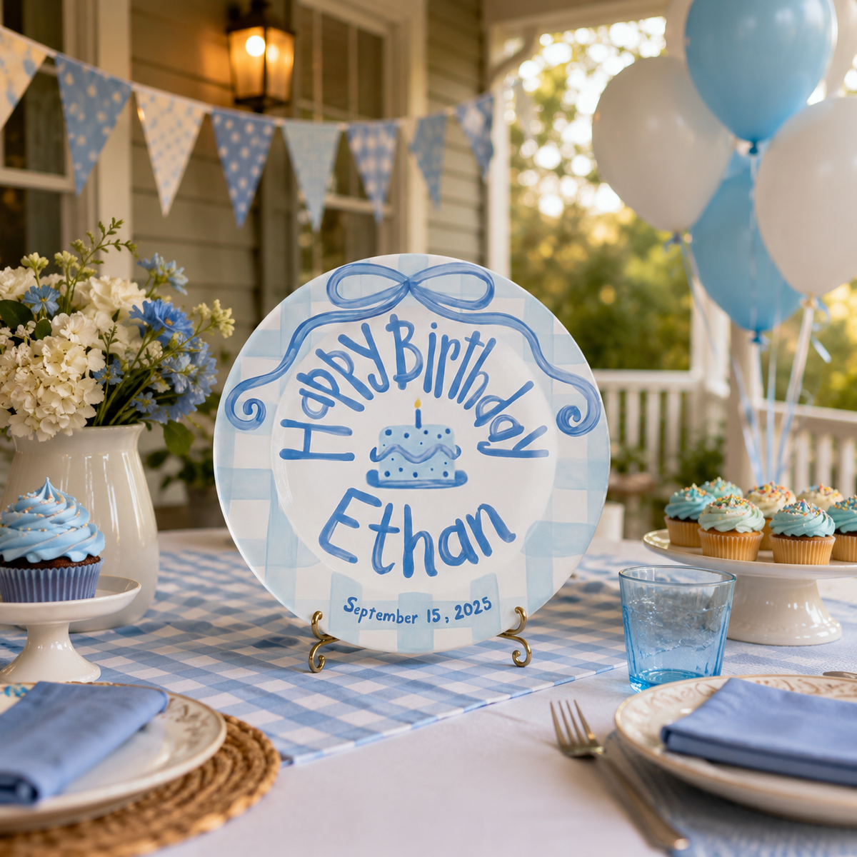 Blue Gingham Edge Birthday Plate, Hand-Painted Blue Ribbon & Cake Design, Custom Name Ceramic Plate | B012