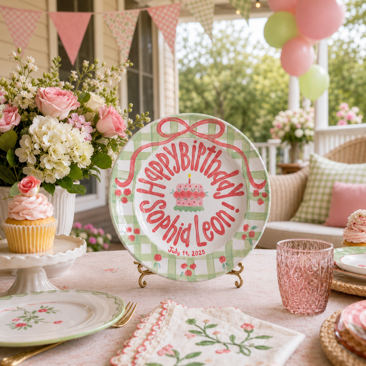 Personalized Birthday Plate – Green Gingham Bow & Rose Cake Design | B001