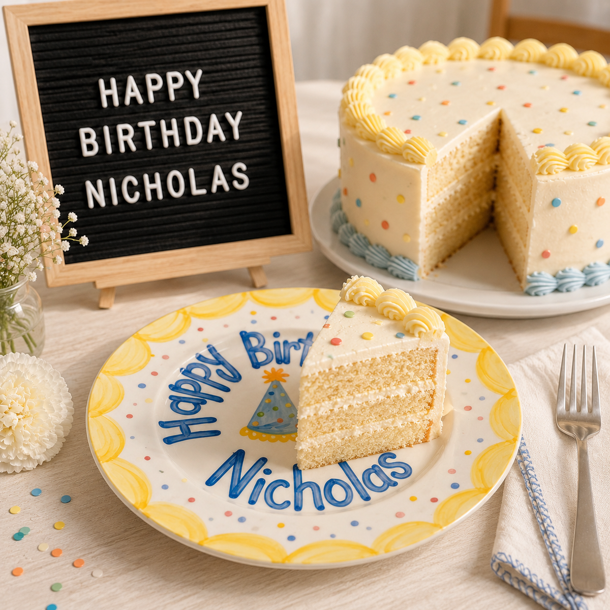 Personalized Yellow Birthday Plate, Custom Ceramic Birthday Dish, Yellow Scallop Party Hat Plate, Boys Birthday Keepsake | B002