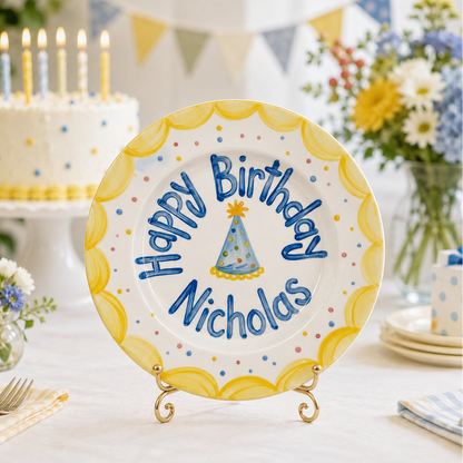 Personalized Yellow Birthday Plate, Custom Ceramic Birthday Dish, Yellow Scallop Party Hat Plate, Boys Birthday Keepsake | B002