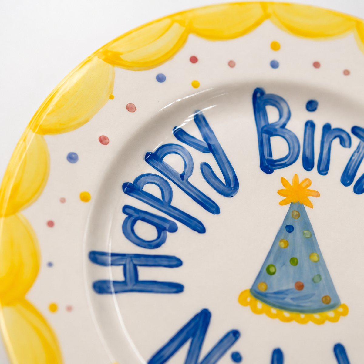 Personalized Yellow Birthday Plate, Custom Ceramic Birthday Dish, Yellow Scallop Party Hat Plate, Boys Birthday Keepsake | B002