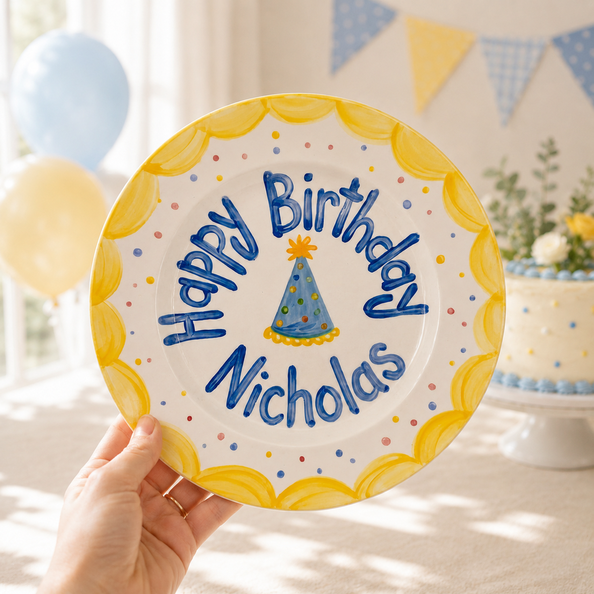 Personalized Yellow Birthday Plate, Custom Ceramic Birthday Dish, Yellow Scallop Party Hat Plate, Boys Birthday Keepsake | B002