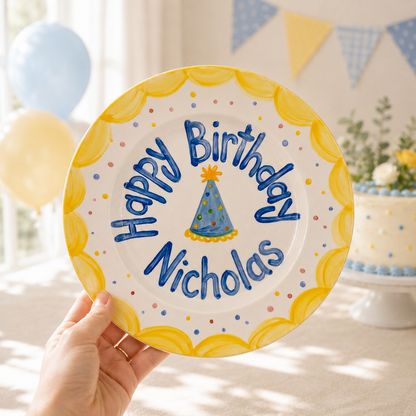 Personalized Yellow Birthday Plate, Custom Ceramic Birthday Dish, Yellow Scallop Party Hat Plate, Boys Birthday Keepsake | B002