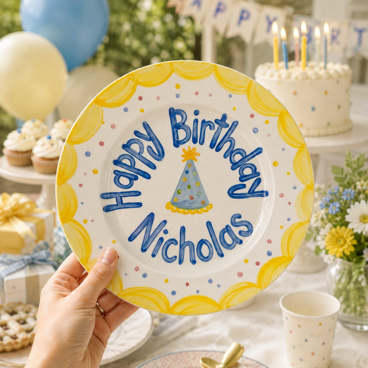 Personalized Yellow Birthday Plate, Custom Ceramic Birthday Dish, Yellow Scallop Party Hat Plate, Boys Birthday Keepsake | B002