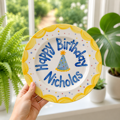 Personalized Yellow Birthday Plate, Custom Ceramic Birthday Dish, Yellow Scallop Party Hat Plate, Boys Birthday Keepsake | B002