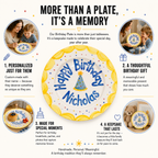 Personalized Yellow Birthday Plate, Custom Ceramic Birthday Dish, Yellow Scallop Party Hat Plate, Boys Birthday Keepsake | B002