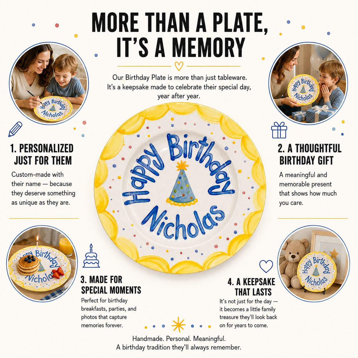 Personalized Yellow Birthday Plate, Custom Ceramic Birthday Dish, Yellow Scallop Party Hat Plate, Boys Birthday Keepsake | B002