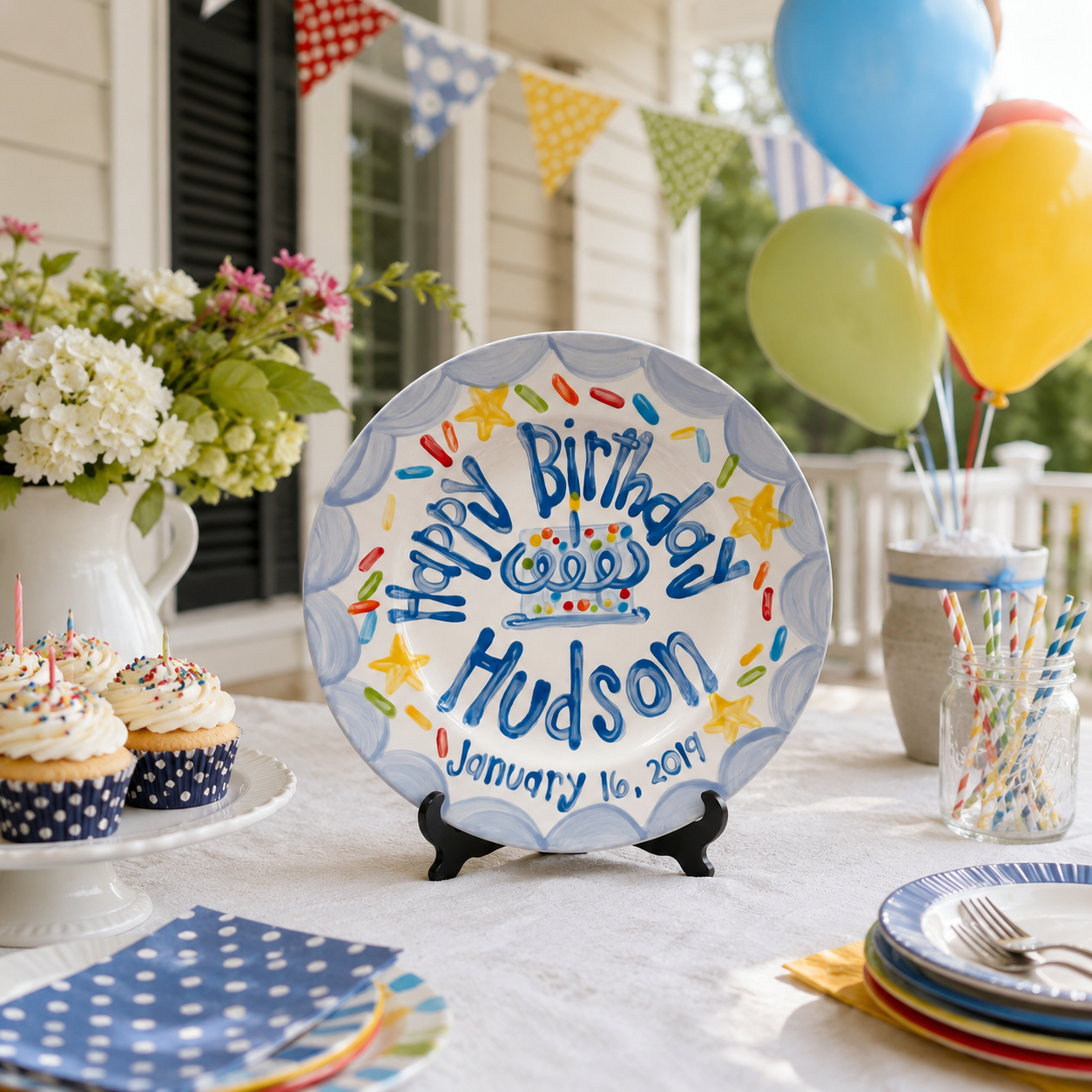 Personalized Birthday Plate – Blue Scalloped Border, Yellow Stars & Sprinkle Cake Design | BHL013