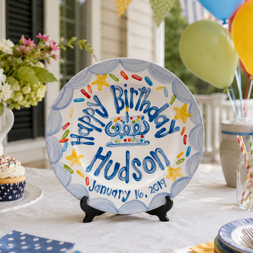Custom Name Birthday Plate – Blue Scalloped Star & Sprinkle Cake Design | BHL013