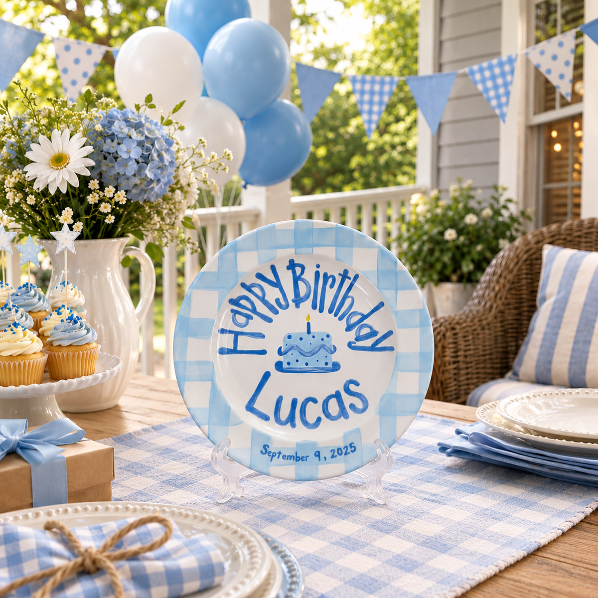 Hand-Painted Blue Gingham Ceramic Birthday Plate, Personalized Name Keepsake, Custom Baby Boy Party Decor | B013