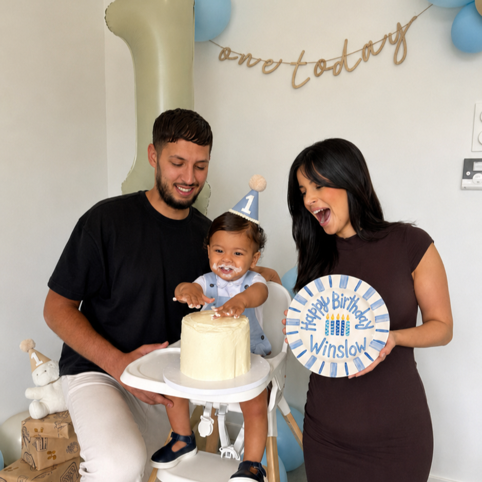 Custom Hand Painted Ceramic Birthday Plate, Blue Striped Candle Dish, Personalized Birthday Plate, First Birthday Gift Boy | B083